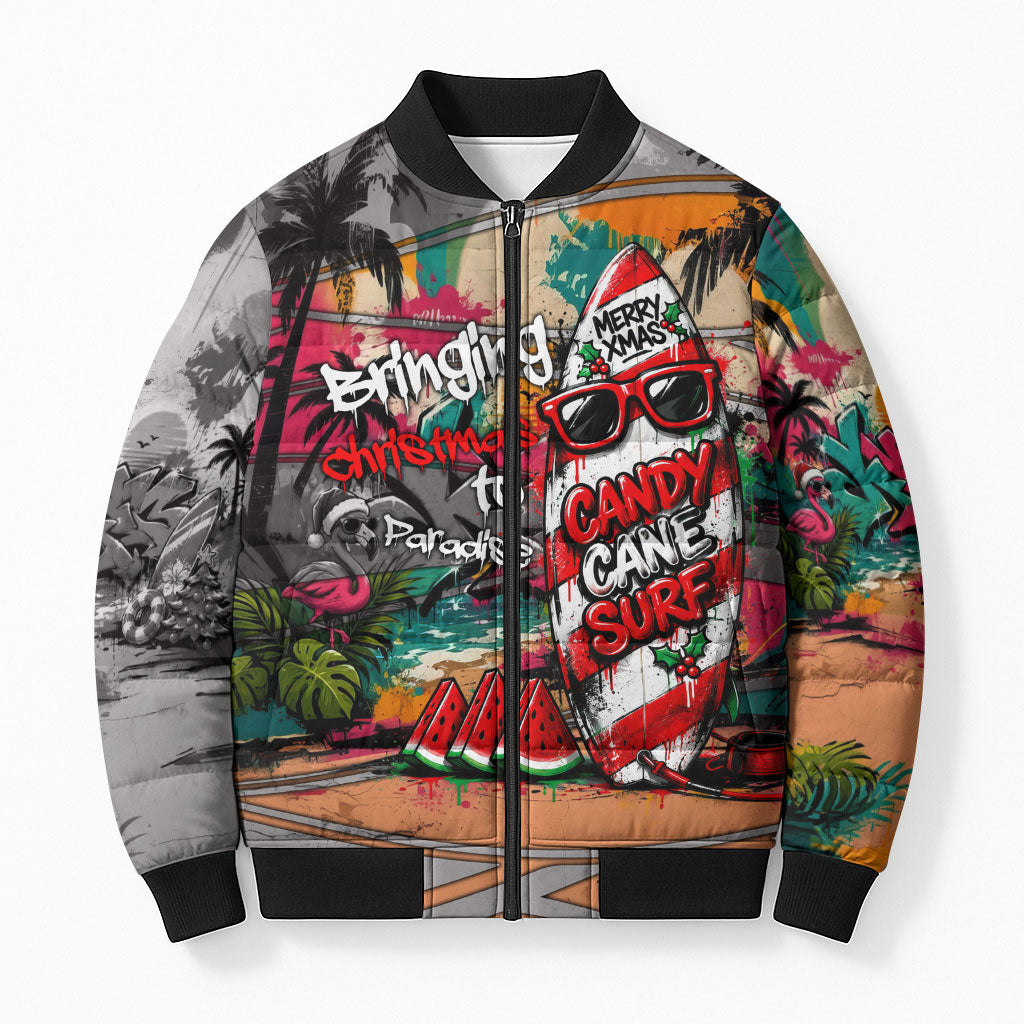 Tropical Christmas In July Candy Cane Surf Bomber Puffer Jacket Vibrant Street Art Beach Graffiti Graphic TS04 Unisex Orange Grey - Polynesian Pride