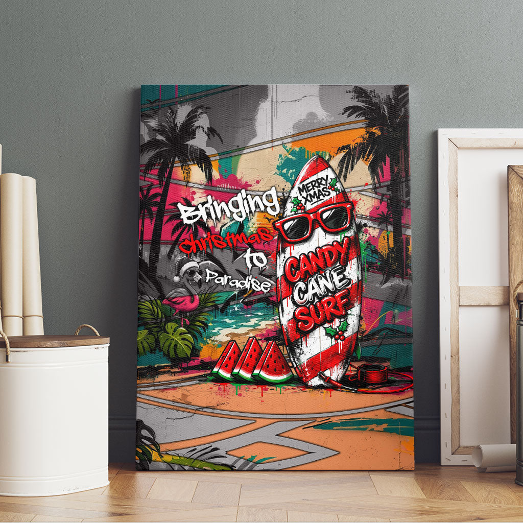 Tropical Christmas In July Candy Cane Surf Canvas Wall Art Vibrant Street Art Beach Graffiti Graphic