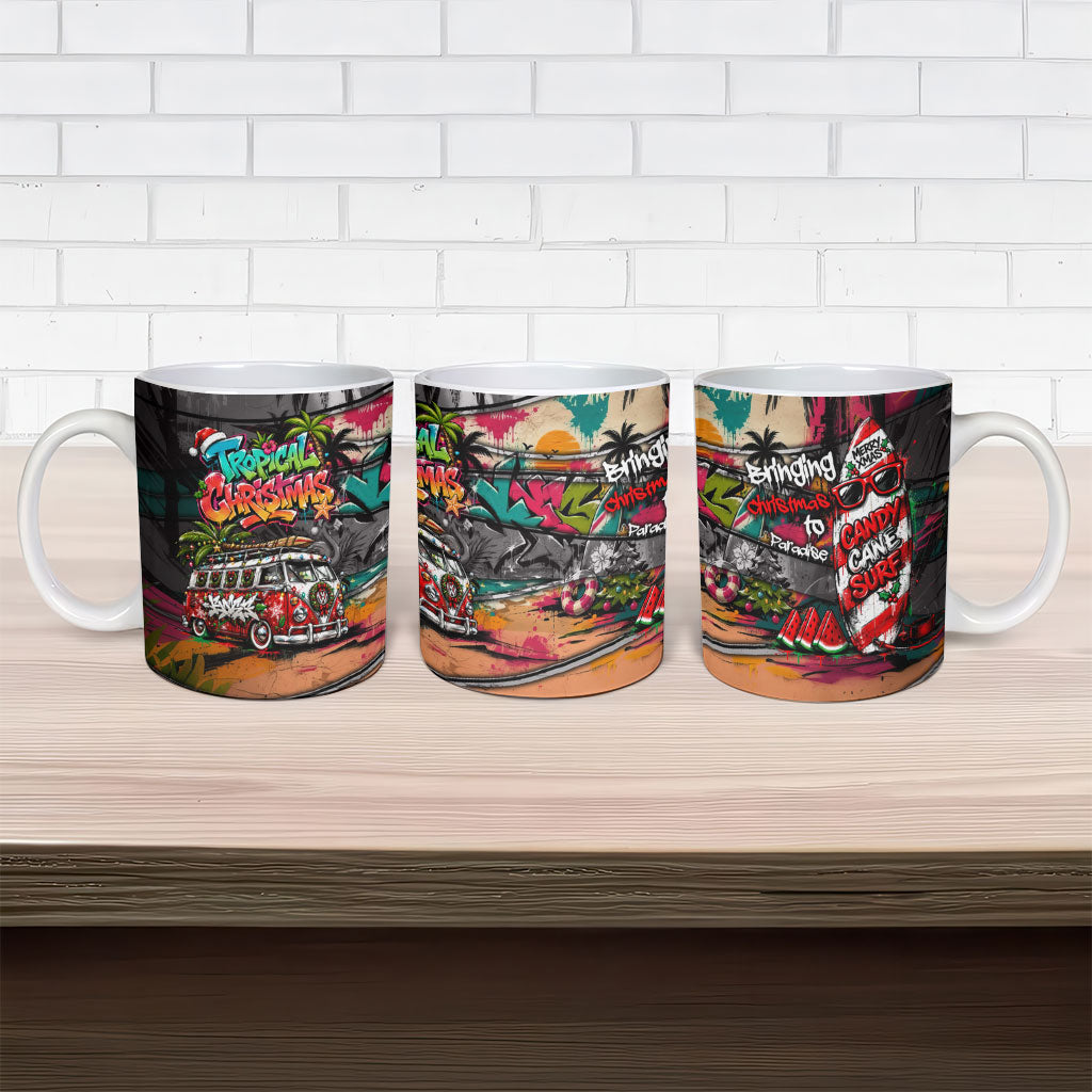 Tropical Christmas In July Candy Cane Surf Ceramic Mug Vibrant Street Art Beach Graffiti Graphic