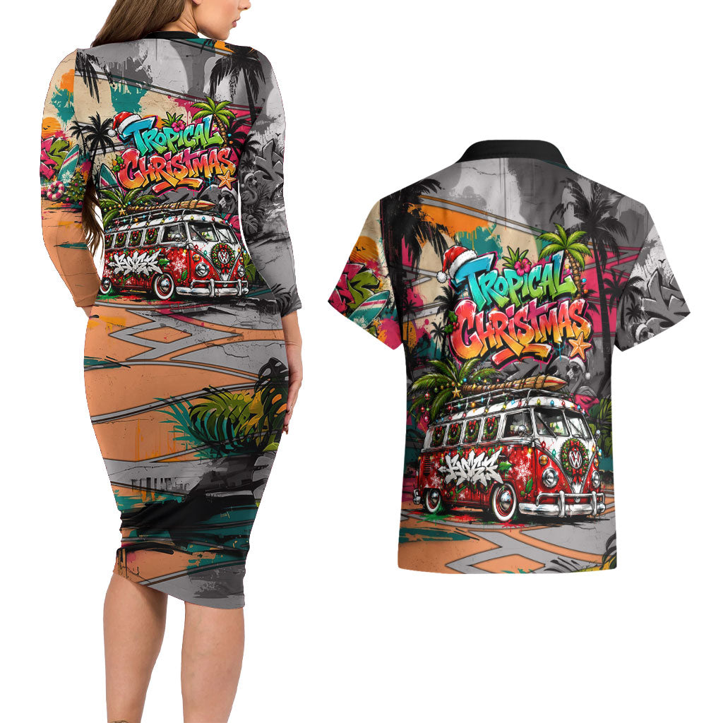 Tropical Christmas In July Candy Cane Surf Couples Matching Long Sleeve Bodycon Dress and Hawaiian Shirt Vibrant Street Art Beach Graffiti Graphic