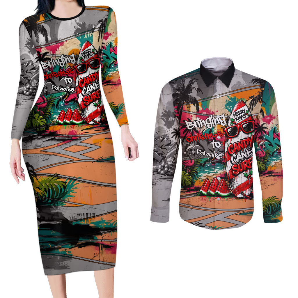 Tropical Christmas In July Candy Cane Surf Couples Matching Long Sleeve Bodycon Dress and Long Sleeve Button Shirt Vibrant Street Art Beach Graffiti Graphic TS04 Orange Grey - Polynesian Pride