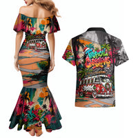 Tropical Christmas In July Candy Cane Surf Couples Matching Mermaid Dress and Hawaiian Shirt Vibrant Street Art Beach Graffiti Graphic