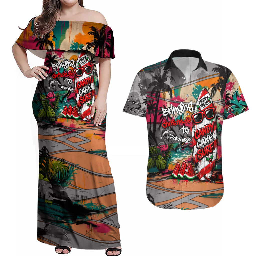Tropical Christmas In July Candy Cane Surf Couples Matching Off Shoulder Maxi Dress and Hawaiian Shirt Vibrant Street Art Beach Graffiti Graphic TS04 Orange Grey - Polynesian Pride