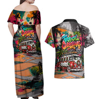 Tropical Christmas In July Candy Cane Surf Couples Matching Off Shoulder Maxi Dress and Hawaiian Shirt Vibrant Street Art Beach Graffiti Graphic