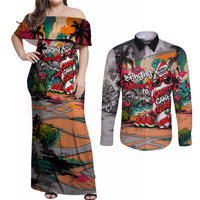 Tropical Christmas In July Candy Cane Surf Couples Matching Off Shoulder Maxi Dress and Long Sleeve Button Shirt Vibrant Street Art Beach Graffiti Graphic