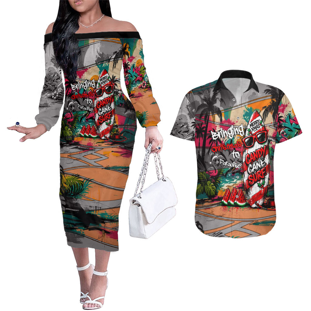 Tropical Christmas In July Candy Cane Surf Couples Matching Off The Shoulder Long Sleeve Dress and Hawaiian Shirt Vibrant Street Art Beach Graffiti Graphic TS04 Orange Grey - Polynesian Pride