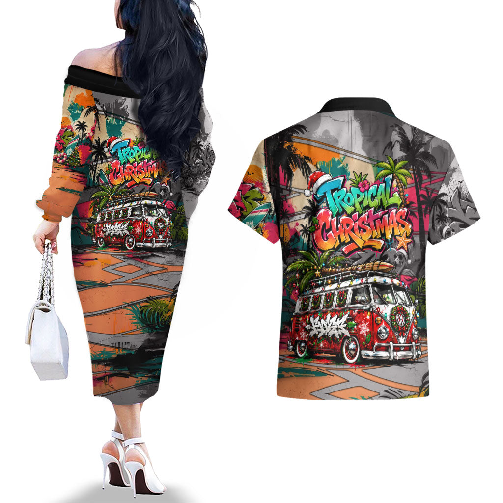 Tropical Christmas In July Candy Cane Surf Couples Matching Off The Shoulder Long Sleeve Dress and Hawaiian Shirt Vibrant Street Art Beach Graffiti Graphic