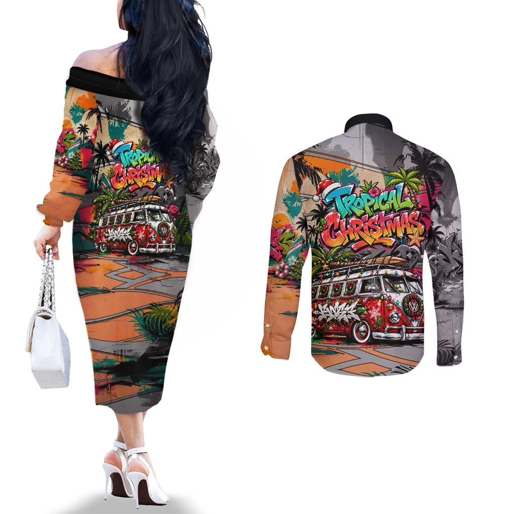 Tropical Christmas In July Candy Cane Surf Couples Matching Off The Shoulder Long Sleeve Dress and Long Sleeve Button Shirt Vibrant Street Art Beach Graffiti Graphic