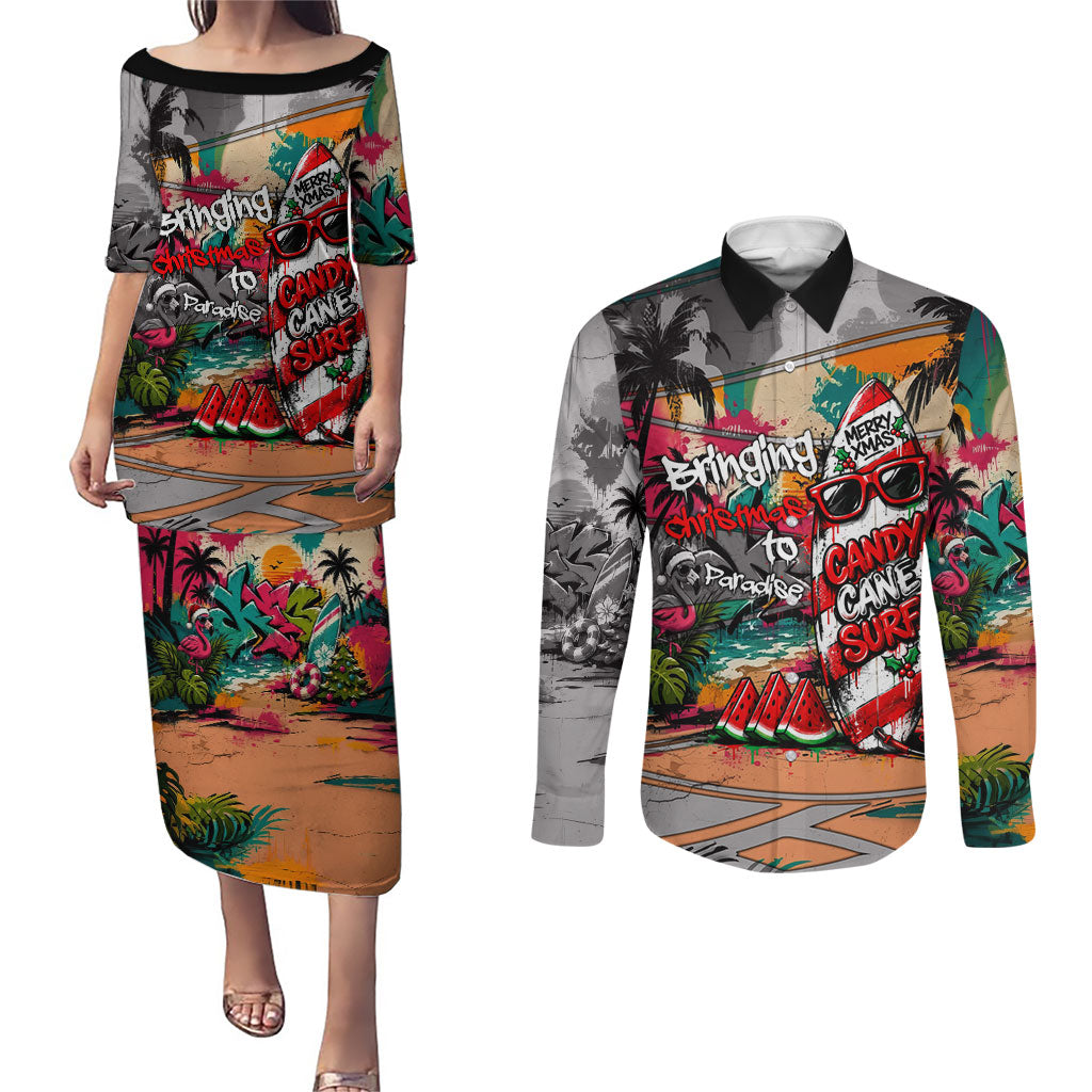 Tropical Christmas In July Candy Cane Surf Couples Matching Puletasi and Long Sleeve Button Shirt Vibrant Street Art Beach Graffiti Graphic