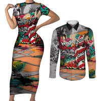 Tropical Christmas In July Candy Cane Surf Couples Matching Short Sleeve Bodycon Dress and Long Sleeve Button Shirt Vibrant Street Art Beach Graffiti Graphic
