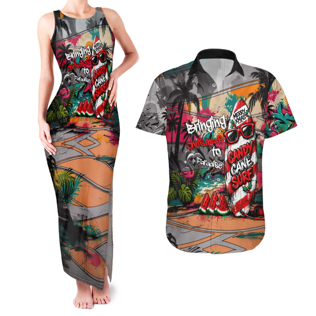 Tropical Christmas In July Candy Cane Surf Couples Matching Tank Maxi Dress and Hawaiian Shirt Vibrant Street Art Beach Graffiti Graphic