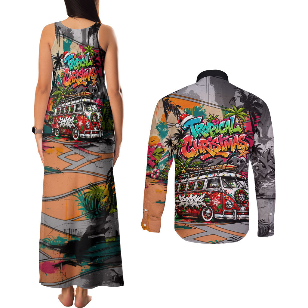 Tropical Christmas In July Candy Cane Surf Couples Matching Tank Maxi Dress and Long Sleeve Button Shirt Vibrant Street Art Beach Graffiti Graphic