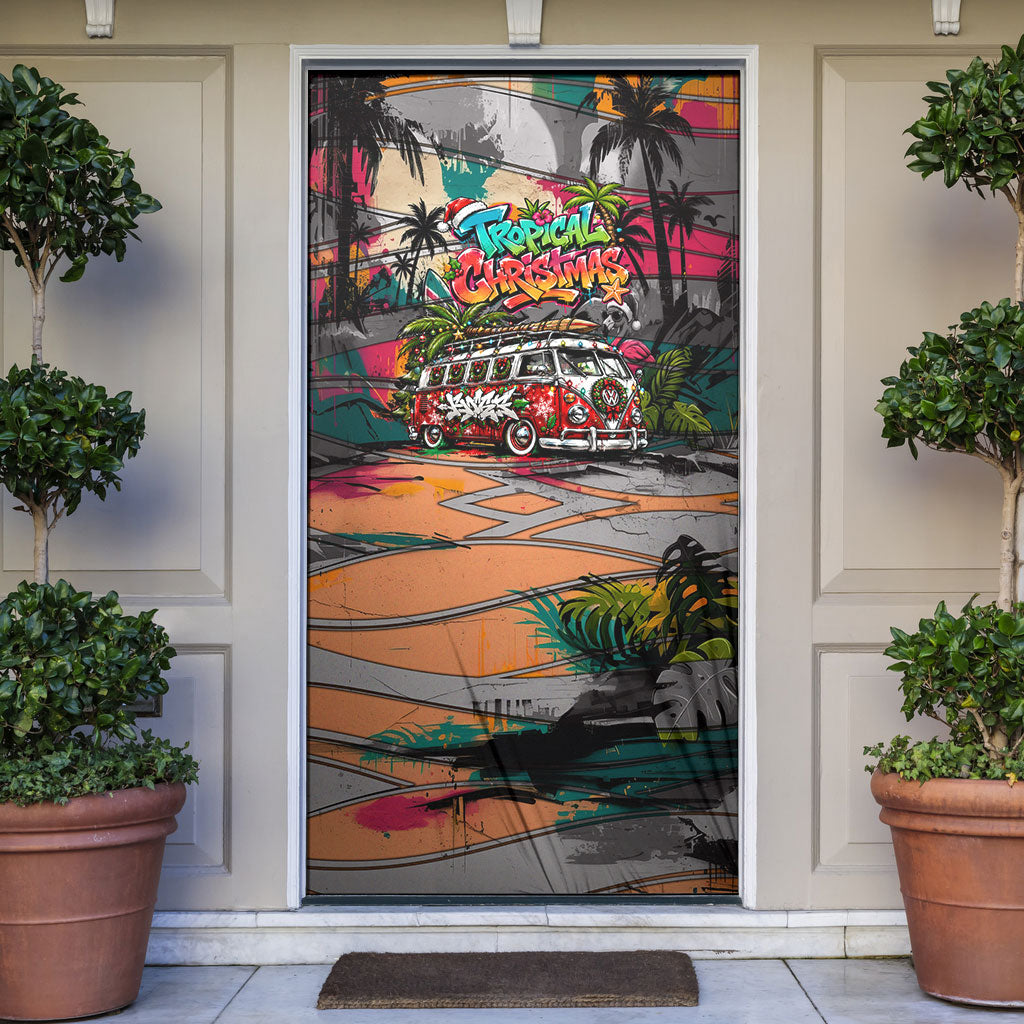 Tropical Christmas In July Candy Cane Surf Door Cover Vibrant Street Art Beach Graffiti Graphic TS04 Orange Grey - Polynesian Pride