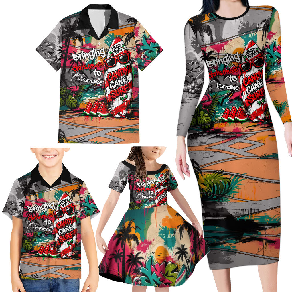 Tropical Christmas In July Candy Cane Surf Family Matching Long Sleeve Bodycon Dress and Hawaiian Shirt Vibrant Street Art Beach Graffiti Graphic