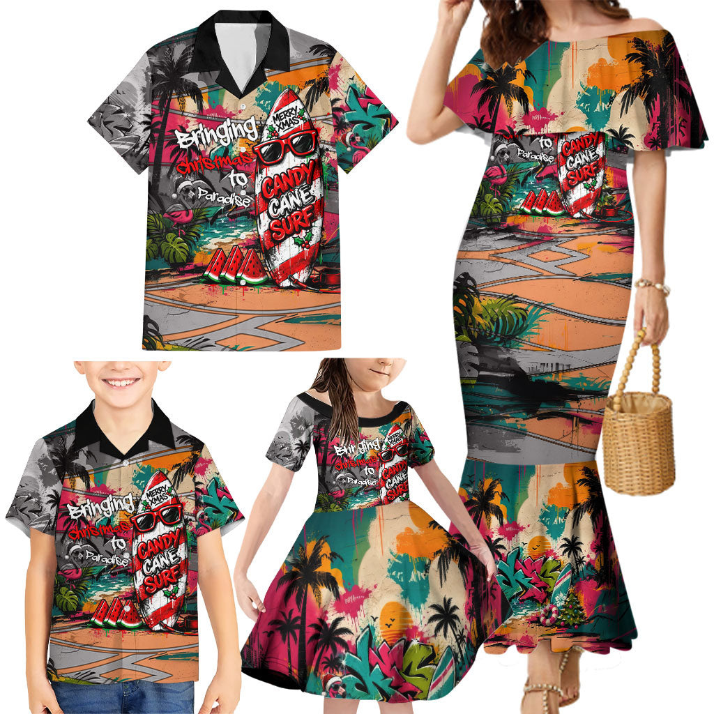 Tropical Christmas In July Candy Cane Surf Family Matching Mermaid Dress and Hawaiian Shirt Vibrant Street Art Beach Graffiti Graphic