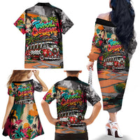 Tropical Christmas In July Candy Cane Surf Family Matching Off The Shoulder Long Sleeve Dress and Hawaiian Shirt Vibrant Street Art Beach Graffiti Graphic