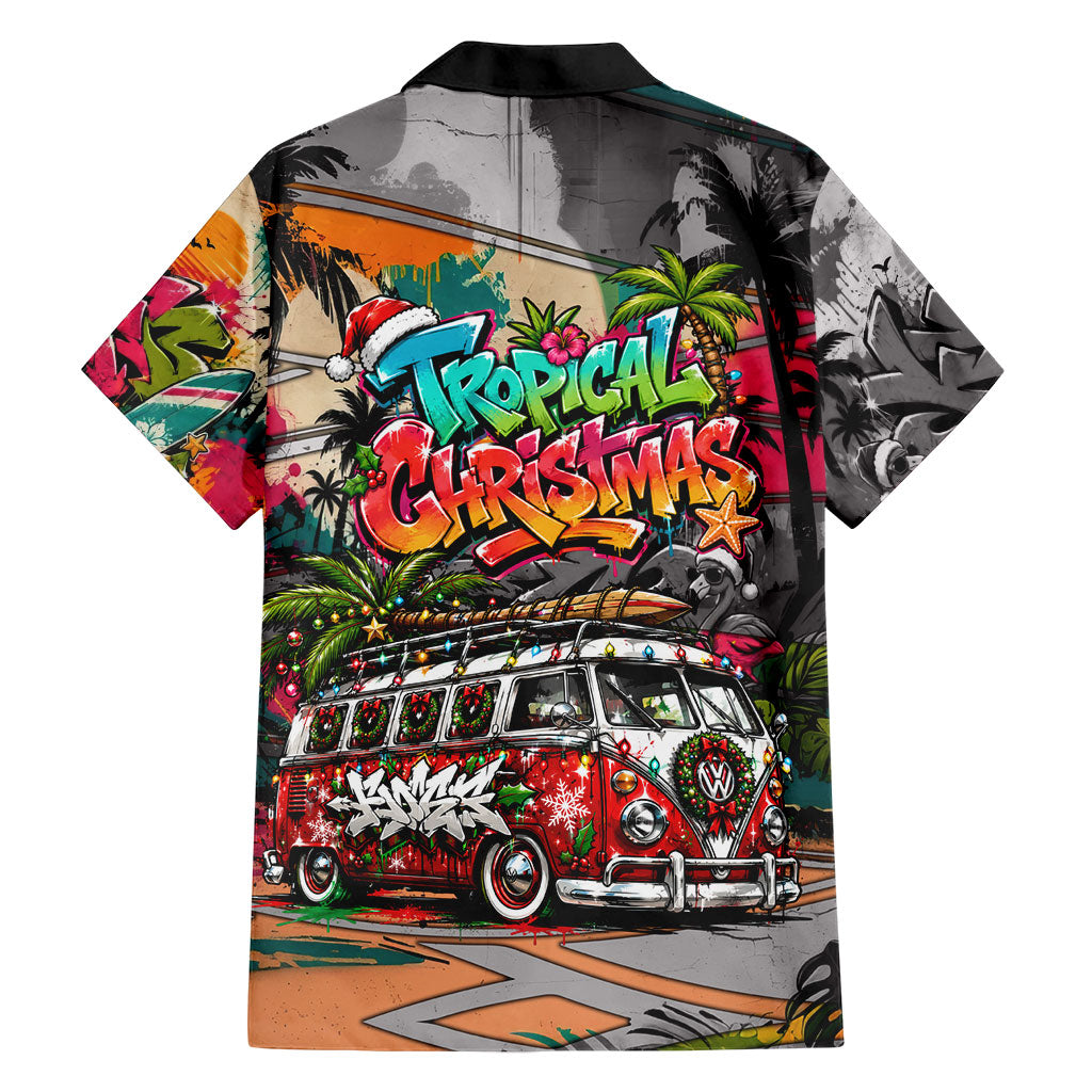 Tropical Christmas In July Candy Cane Surf Family Matching Off The Shoulder Long Sleeve Dress and Hawaiian Shirt Vibrant Street Art Beach Graffiti Graphic