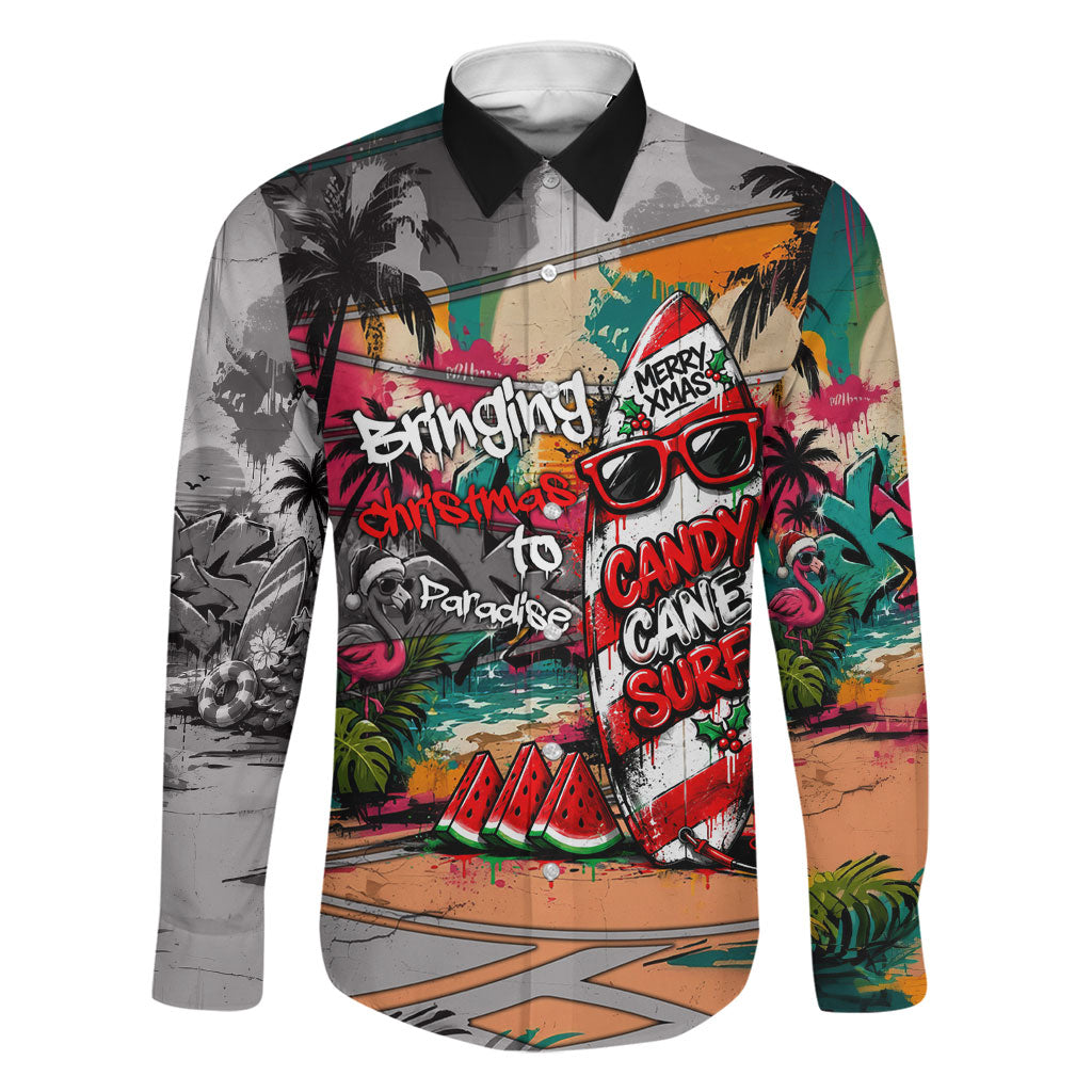 Tropical Christmas In July Candy Cane Surf Family Matching Off The Shoulder Long Sleeve Dress and Hawaiian Shirt Vibrant Street Art Beach Graffiti Graphic