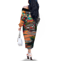 Tropical Christmas In July Candy Cane Surf Family Matching Off The Shoulder Long Sleeve Dress and Hawaiian Shirt Vibrant Street Art Beach Graffiti Graphic