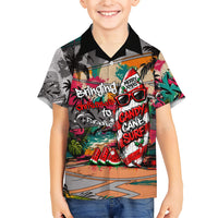 Tropical Christmas In July Candy Cane Surf Family Matching Off The Shoulder Long Sleeve Dress and Hawaiian Shirt Vibrant Street Art Beach Graffiti Graphic