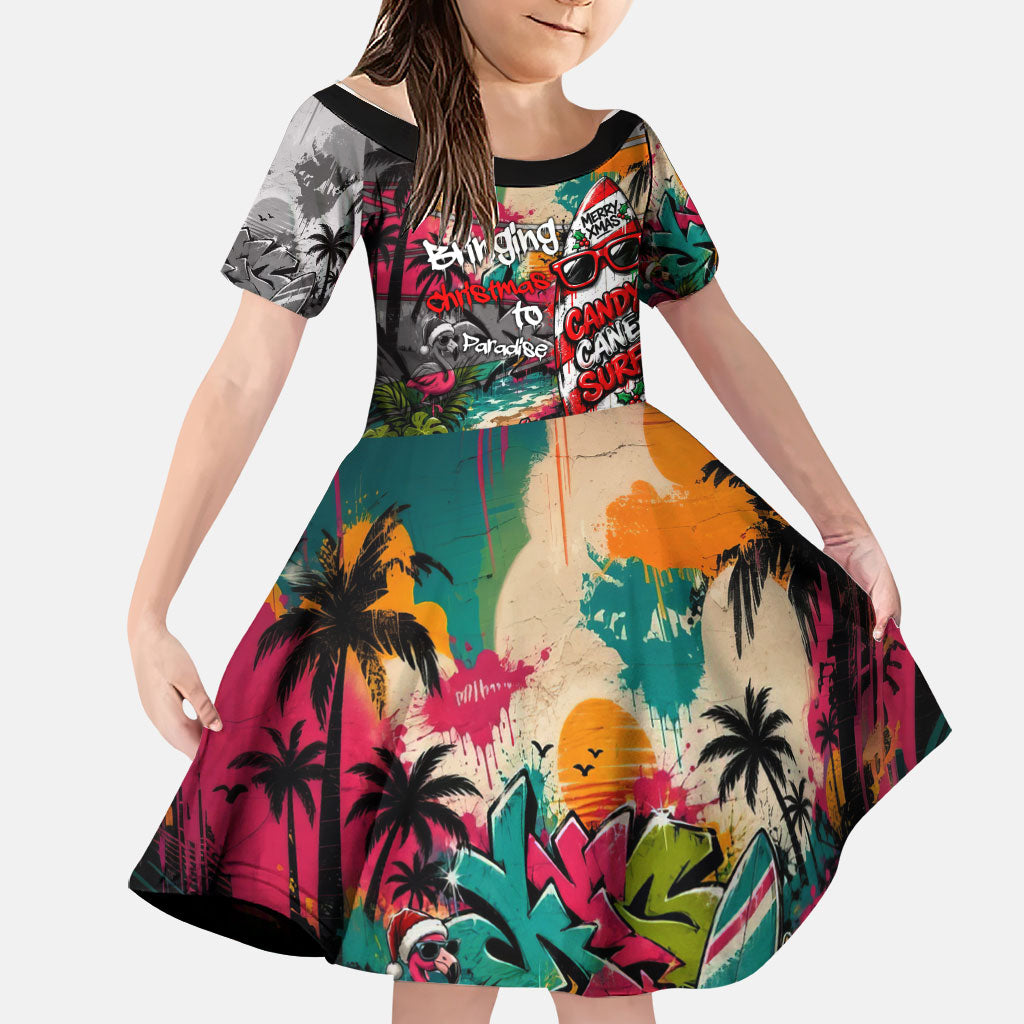 Tropical Christmas In July Candy Cane Surf Family Matching Puletasi and Hawaiian Shirt Vibrant Street Art Beach Graffiti Graphic