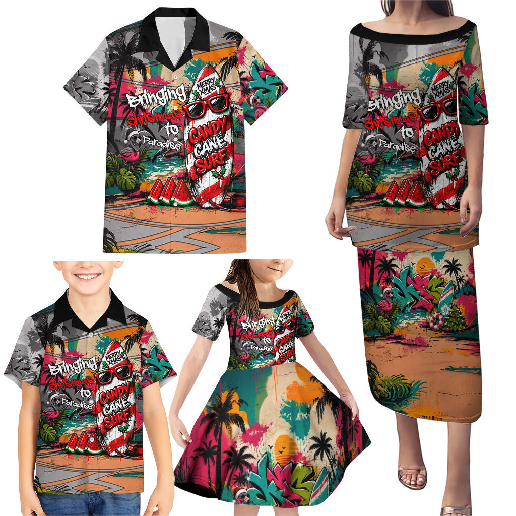 Tropical Christmas In July Candy Cane Surf Family Matching Puletasi and Hawaiian Shirt Vibrant Street Art Beach Graffiti Graphic