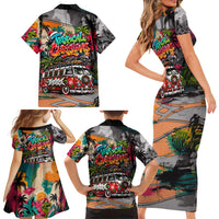 Tropical Christmas In July Candy Cane Surf Family Matching Short Sleeve Bodycon Dress and Hawaiian Shirt Vibrant Street Art Beach Graffiti Graphic