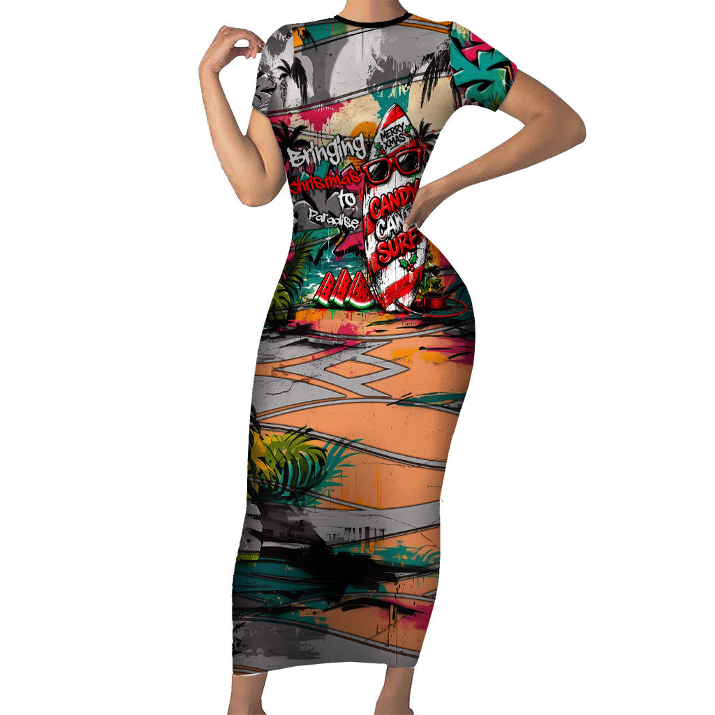 Tropical Christmas In July Candy Cane Surf Family Matching Short Sleeve Bodycon Dress and Hawaiian Shirt Vibrant Street Art Beach Graffiti Graphic