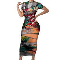 Tropical Christmas In July Candy Cane Surf Family Matching Short Sleeve Bodycon Dress and Hawaiian Shirt Vibrant Street Art Beach Graffiti Graphic