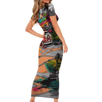 Tropical Christmas In July Candy Cane Surf Family Matching Short Sleeve Bodycon Dress and Hawaiian Shirt Vibrant Street Art Beach Graffiti Graphic