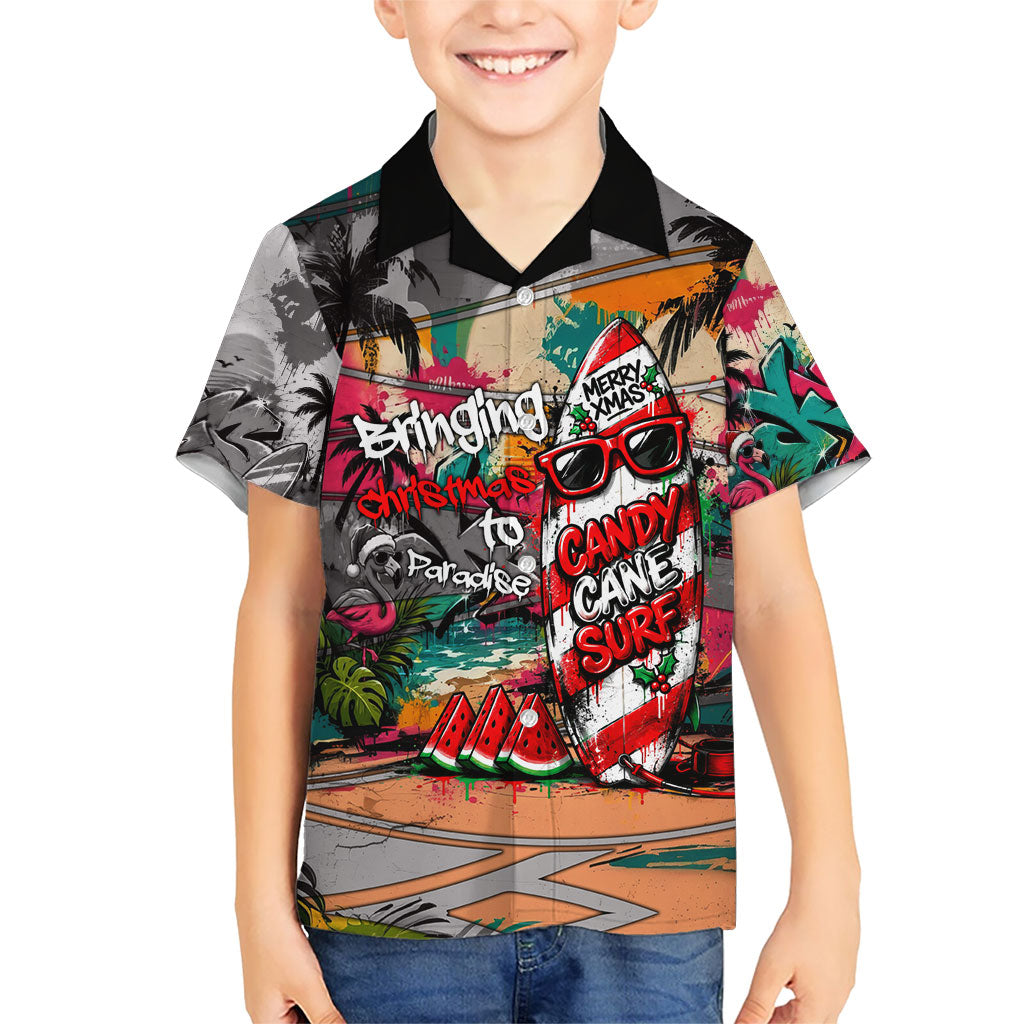 Tropical Christmas In July Candy Cane Surf Kid Hawaiian Shirt Vibrant Street Art Beach Graffiti Graphic
