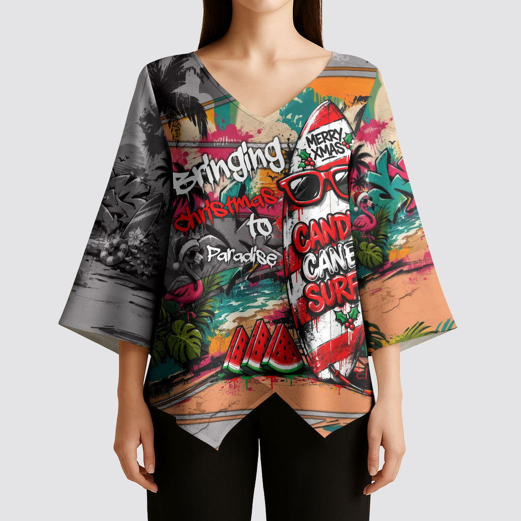 Tropical Christmas In July Candy Cane Surf Kimono Sleeve Blouse Vibrant Street Art Beach Graffiti Graphic