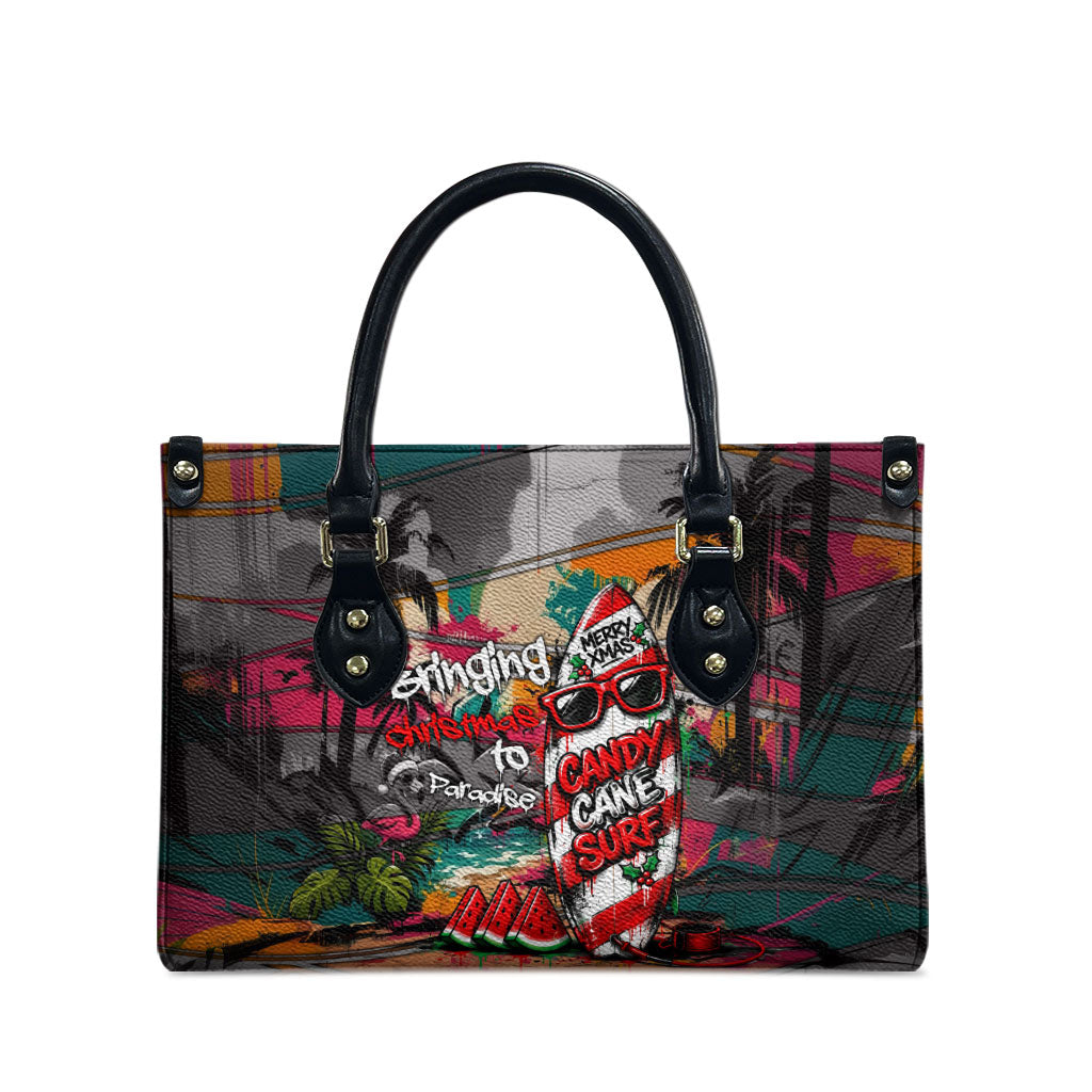 Tropical Christmas In July Candy Cane Surf Leather Bag Vibrant Street Art Beach Graffiti Graphic