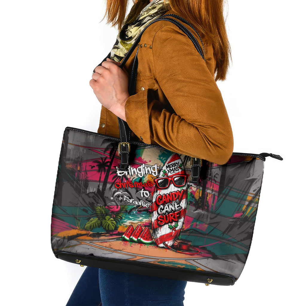 Tropical Christmas In July Candy Cane Surf Leather Tote Bag Vibrant Street Art Beach Graffiti Graphic TS04 Orange Grey - Polynesian Pride