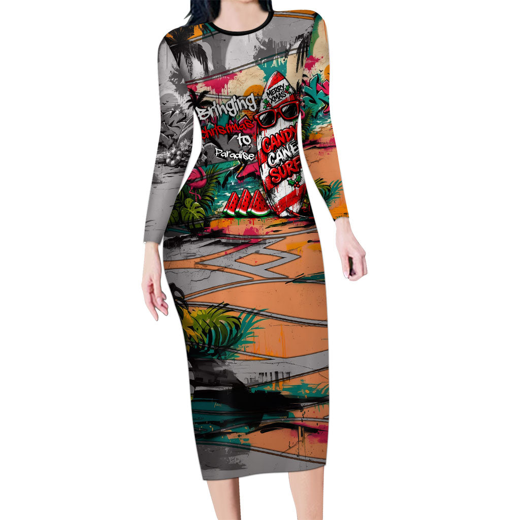 Tropical Christmas In July Candy Cane Surf Long Sleeve Bodycon Dress Vibrant Street Art Beach Graffiti Graphic