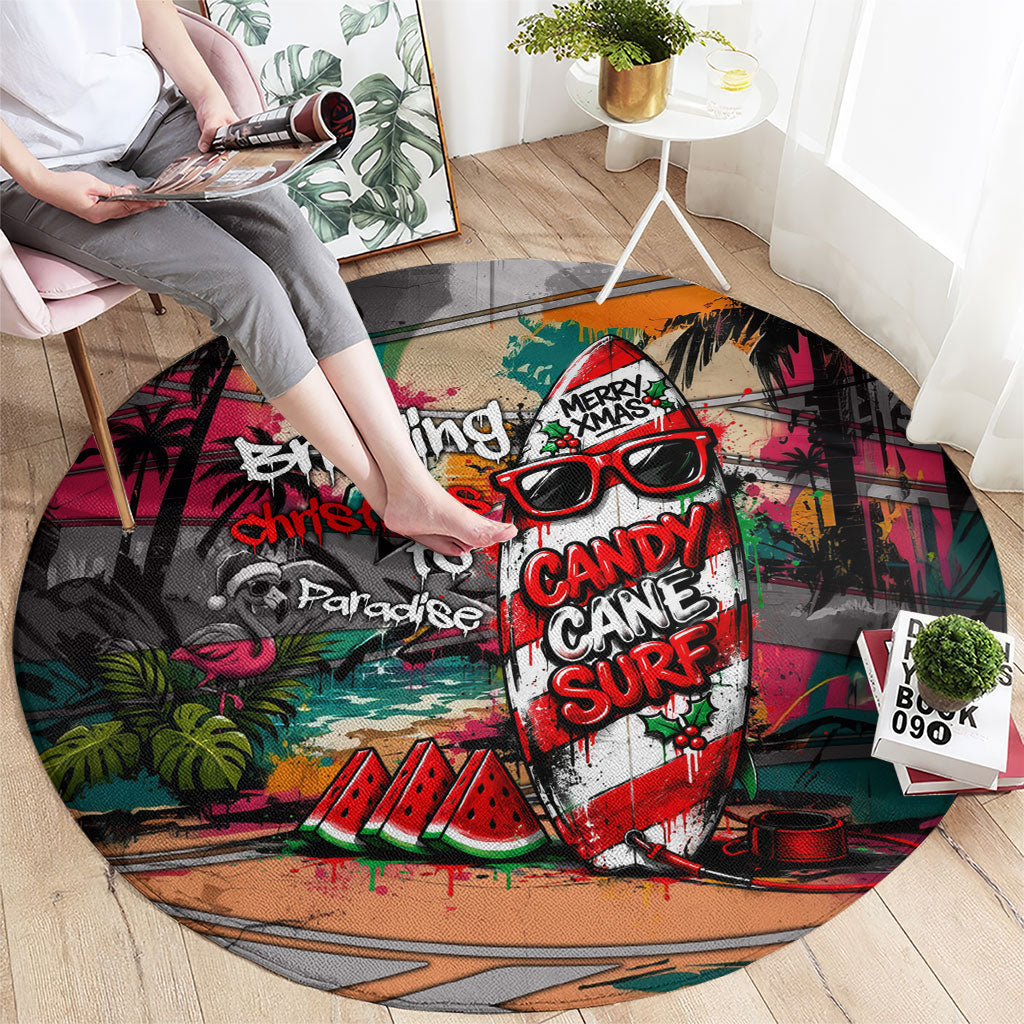 Tropical Christmas In July Candy Cane Surf Round Carpet Vibrant Street Art Beach Graffiti Graphic