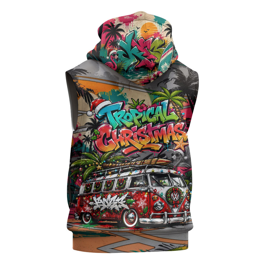 Tropical Christmas In July Candy Cane Surf Sleeveless Zip Hoodie Vibrant Street Art Beach Graffiti Graphic