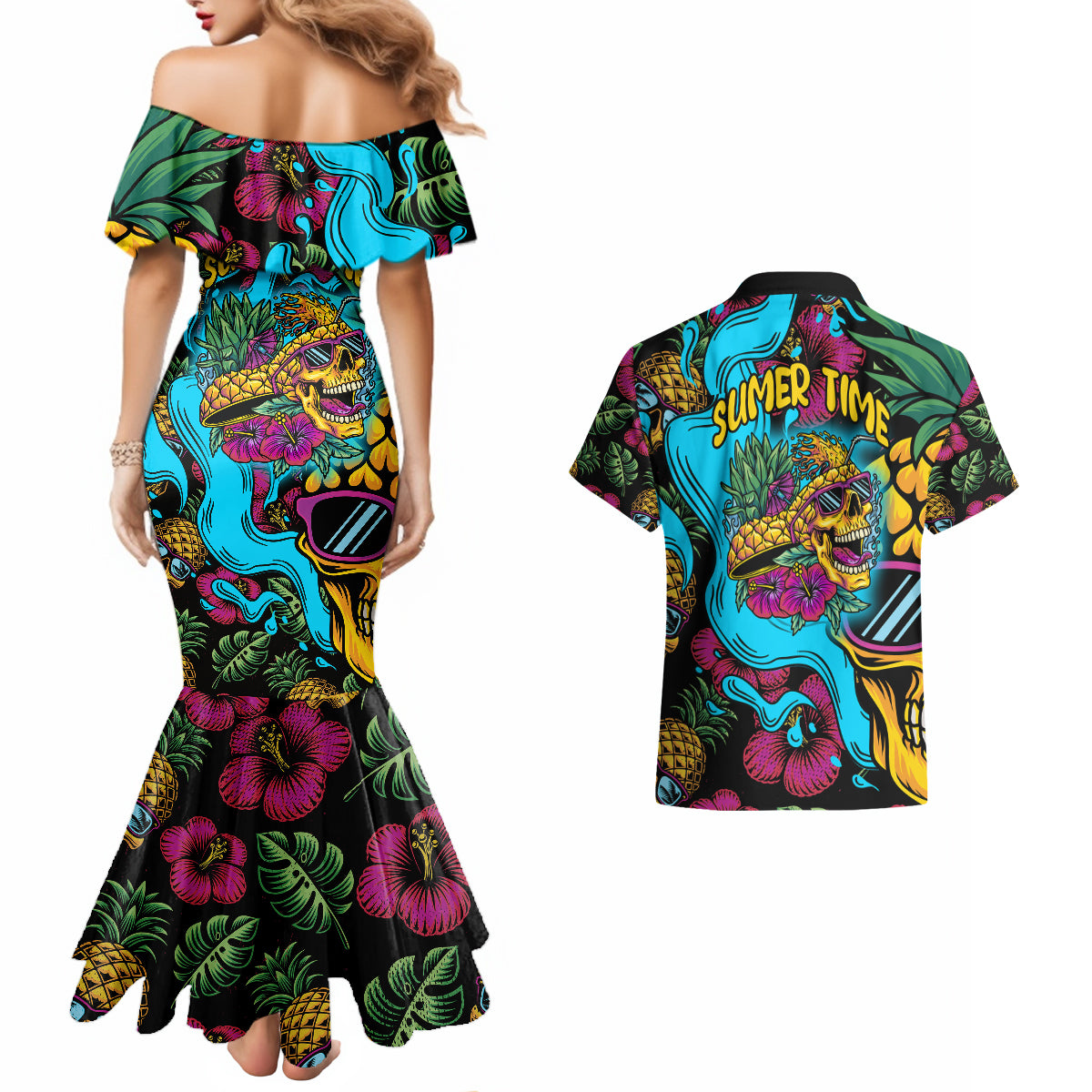 Pineapple Skull Couples Matching Mermaid Dress and Hawaiian Shirt Sumer Time TS04 Multicolor - Polynesian Pride