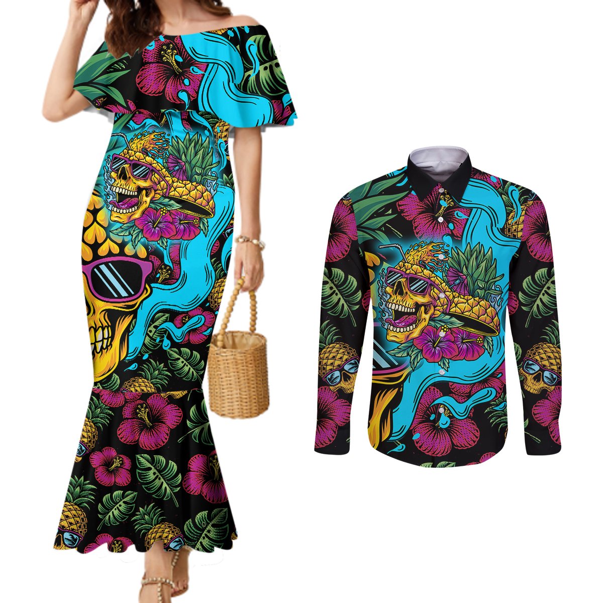 Pineapple Skull Couples Matching Mermaid Dress and Long Sleeve Button Shirts Sumer Time TS04 - Polynesian Pride