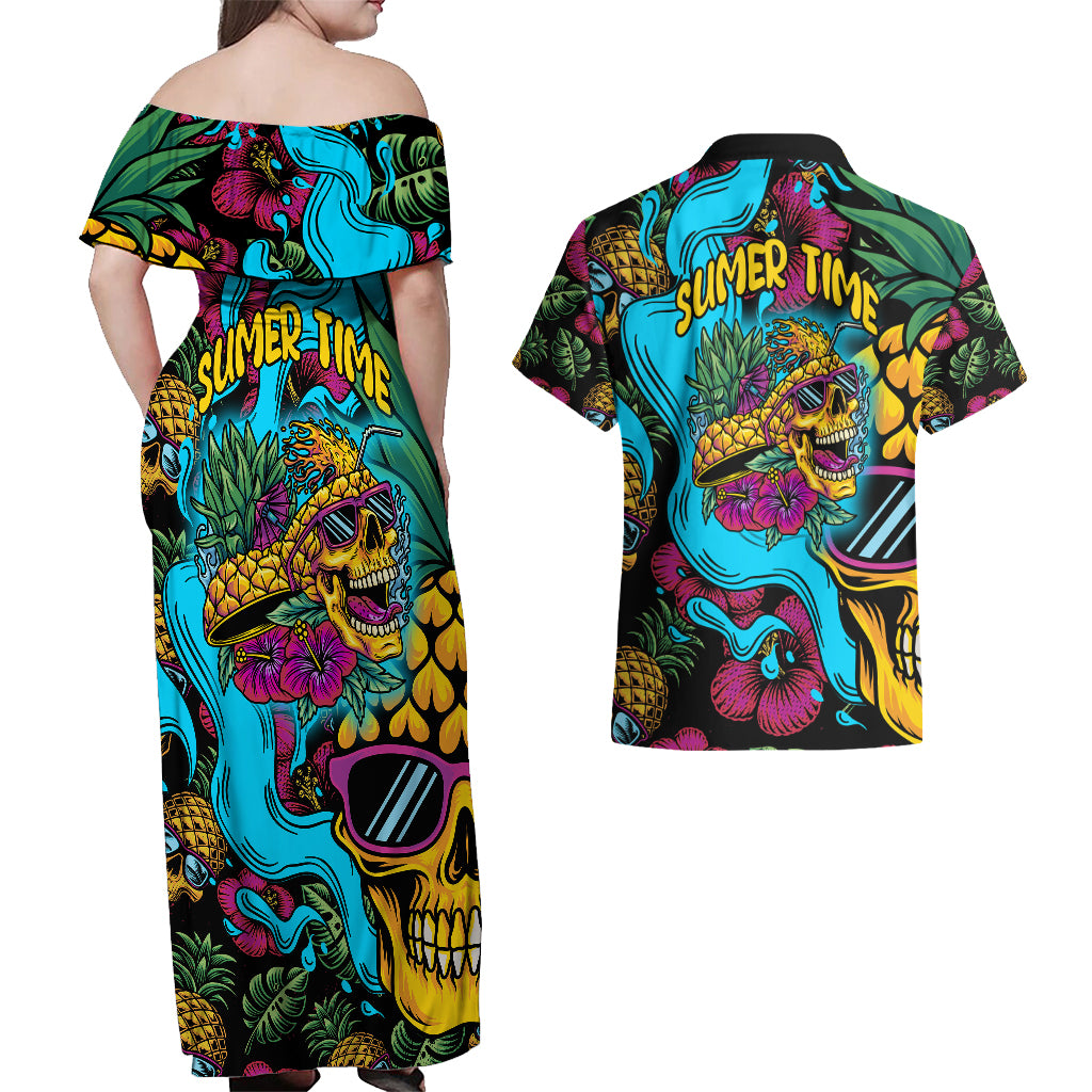 Pineapple Skull Couples Matching Off Shoulder Maxi Dress and Hawaiian Shirt Sumer Time TS04 Multicolor - Polynesian Pride