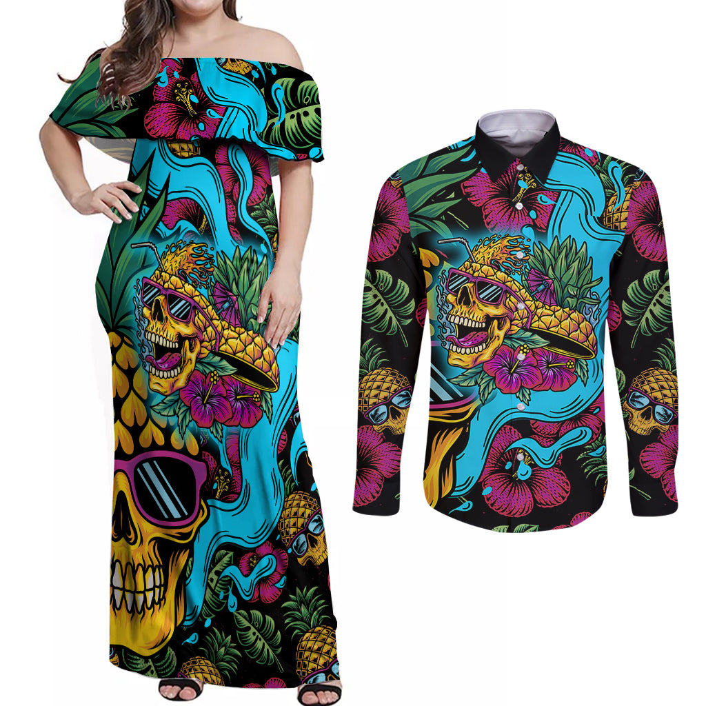 Pineapple Skull Couples Matching Off Shoulder Maxi Dress and Long Sleeve Button Shirts Sumer Time TS04 - Polynesian Pride