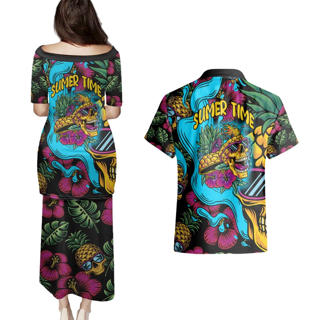Pineapple Skull Couples Matching Puletasi Dress and Hawaiian Shirt Sumer Time TS04 Multicolor - Polynesian Pride