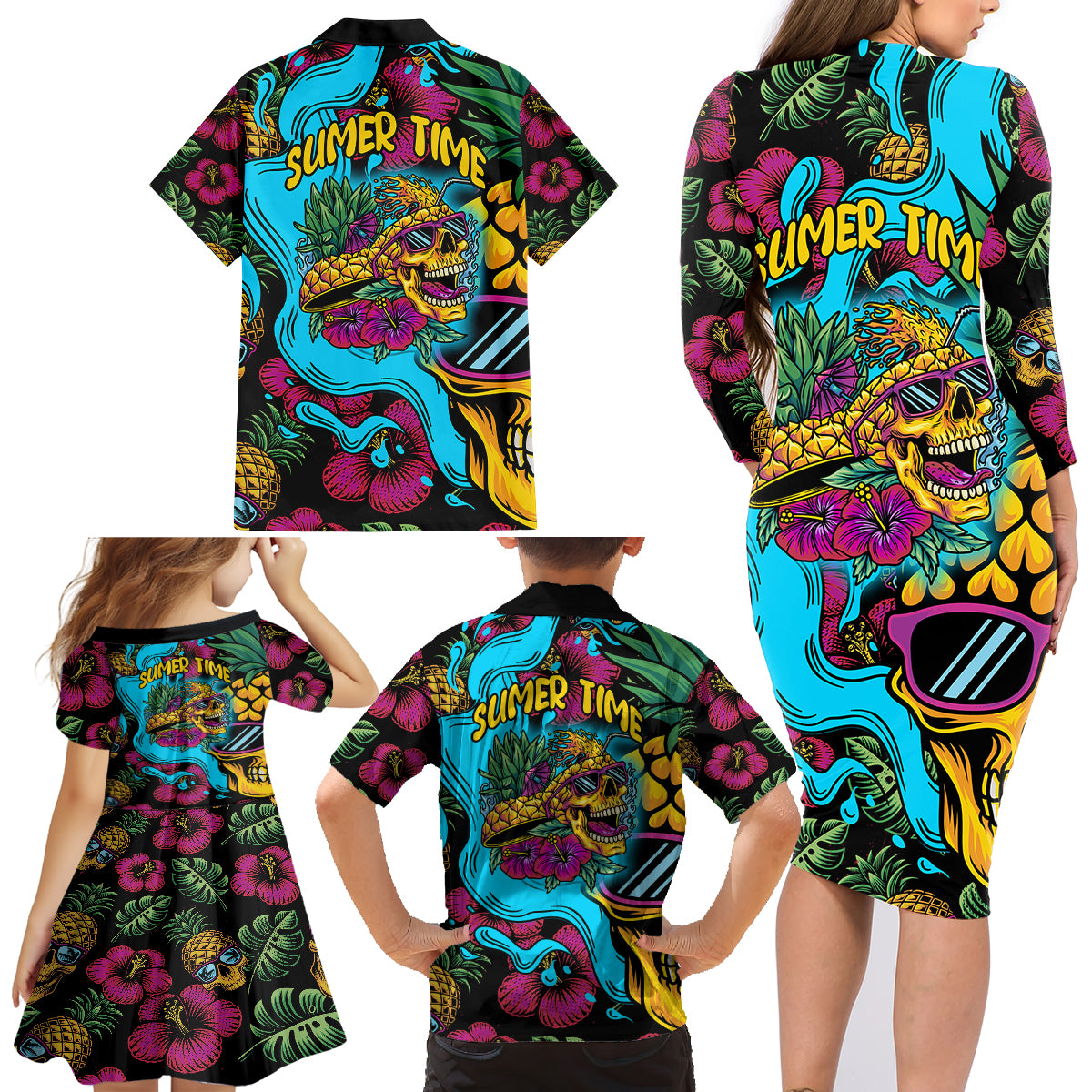 Pineapple Skull Family Matching Long Sleeve Bodycon Dress and Hawaiian Shirt Sumer Time TS04 - Polynesian Pride