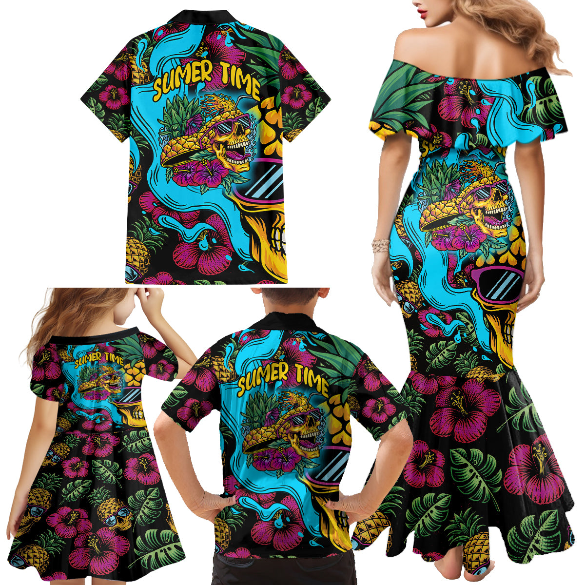 Pineapple Skull Family Matching Mermaid Dress and Hawaiian Shirt Sumer Time TS04 - Polynesian Pride