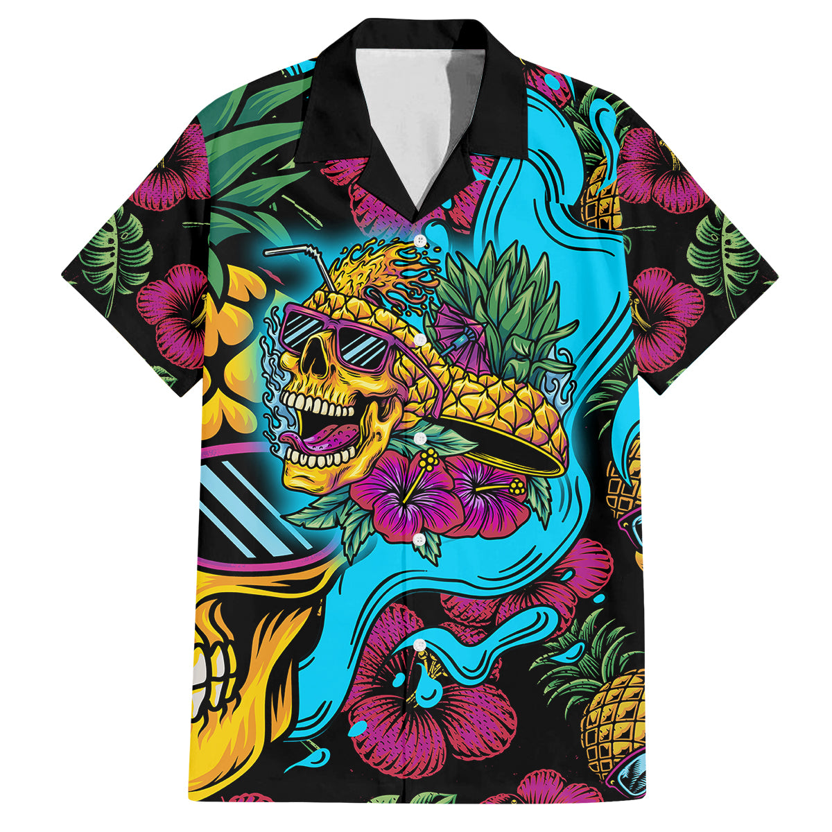 Pineapple Skull Family Matching Off Shoulder Long Sleeve Dress and Hawaiian Shirt Sumer Time TS04 Dad's Shirt - Short Sleeve Multicolor - Polynesian Pride