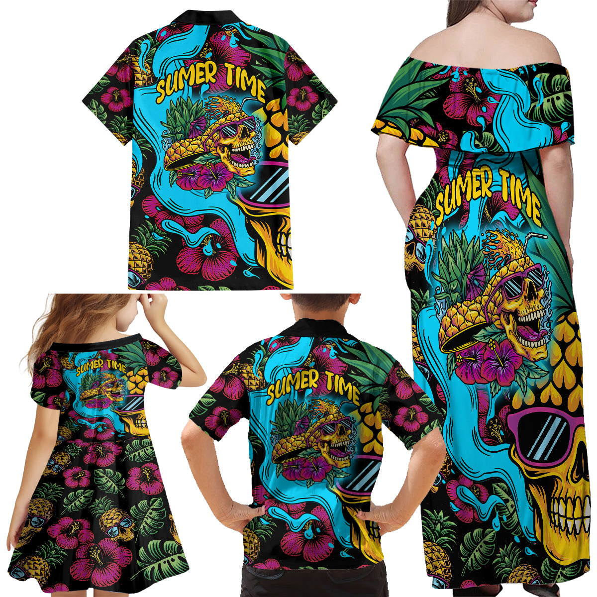 Pineapple Skull Family Matching Off Shoulder Maxi Dress and Hawaiian Shirt Sumer Time TS04 - Polynesian Pride