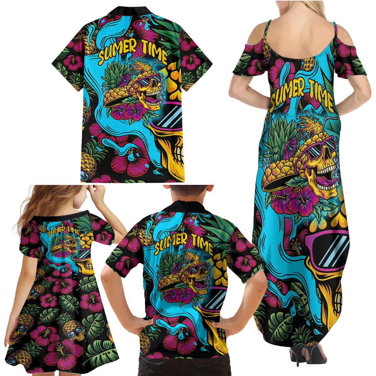 Pineapple Skull Family Matching Summer Maxi Dress and Hawaiian Shirt Sumer Time TS04 - Polynesian Pride