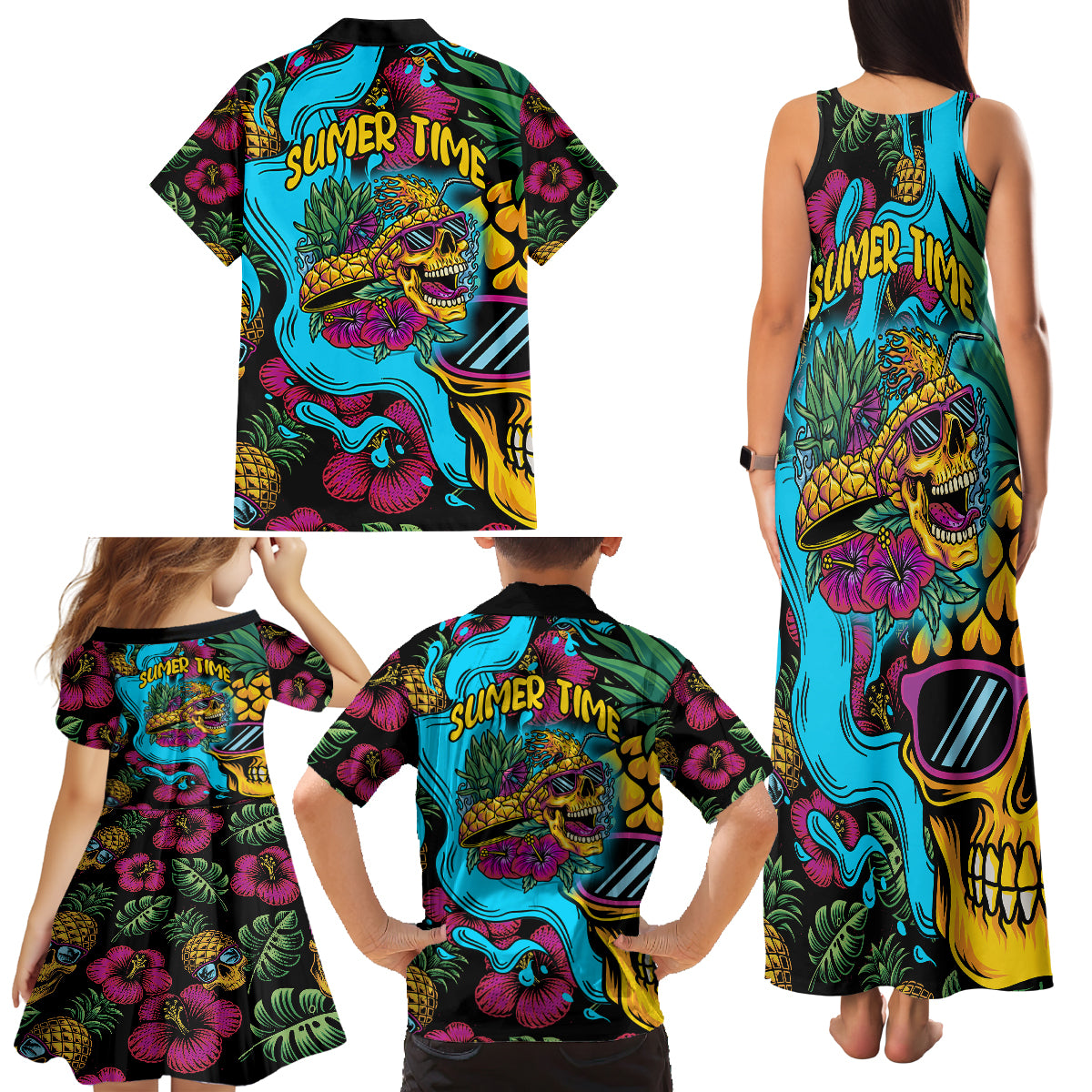 Pineapple Skull Family Matching Tank Maxi Dress and Hawaiian Shirt Sumer Time TS04 - Polynesian Pride