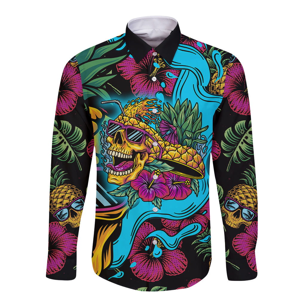 Pineapple Skull Long Sleeve Button Shirt Sumer Time TS04 - Polynesian Pride