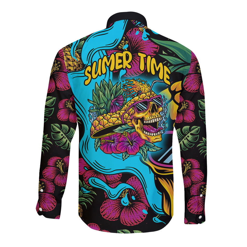 Pineapple Skull Long Sleeve Button Shirt Sumer Time TS04 Unisex Multicolor - Polynesian Pride